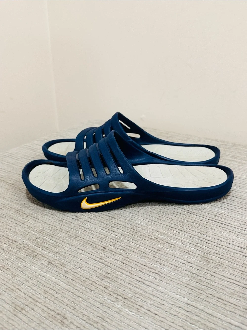Vintage Nike Slides Y2K Navy Blue Grey Yellow Swoosh Men's 9 / Women's 11 Rare